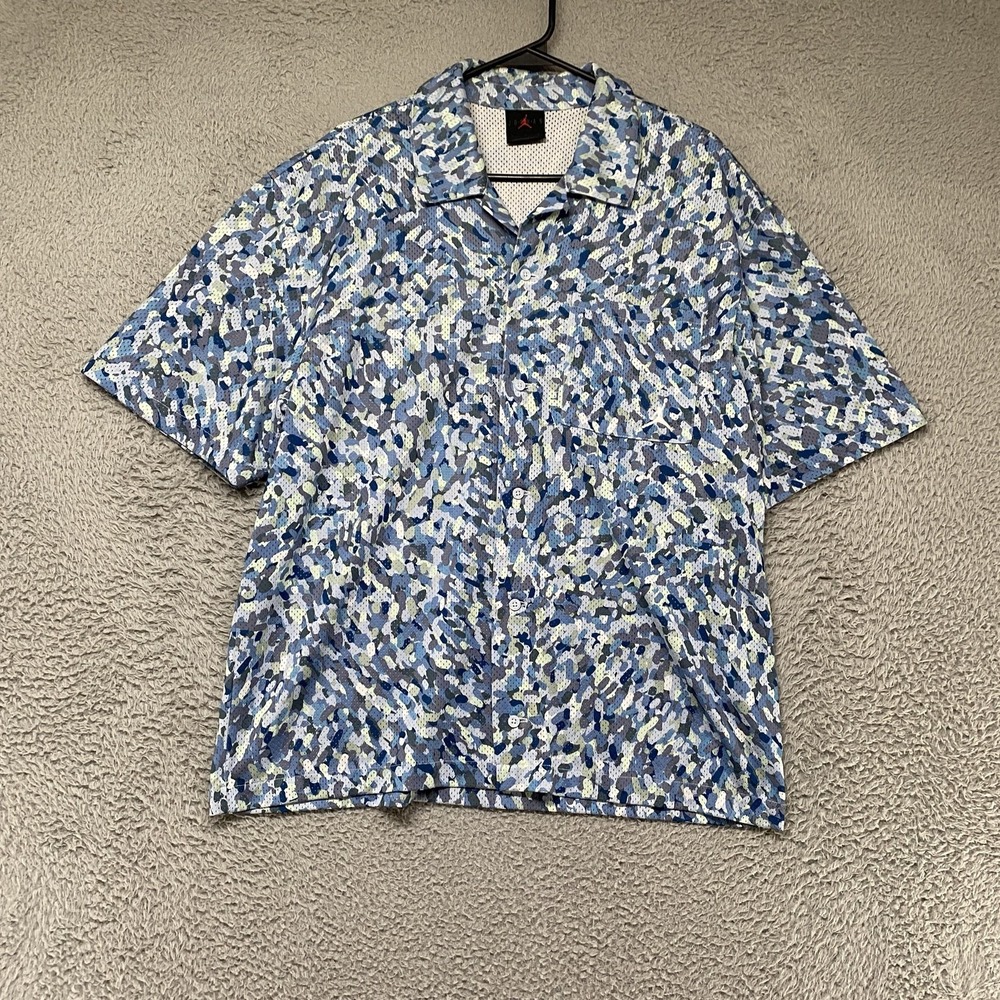 Jordan Camo Shirt Mens Large Blue Mesh Short Sleeve Button Up Basketball